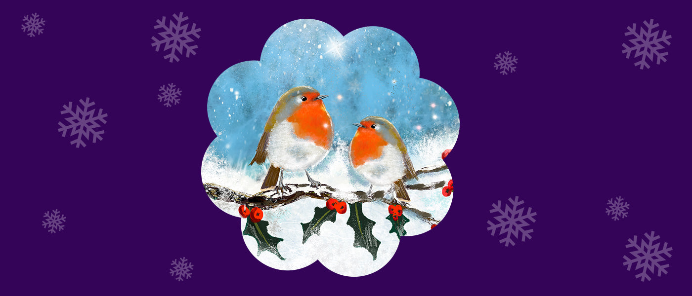 A purple banner with snowflakes. In the centre, there is a painting of two orange robins on a branch by artist Sammy Holman.