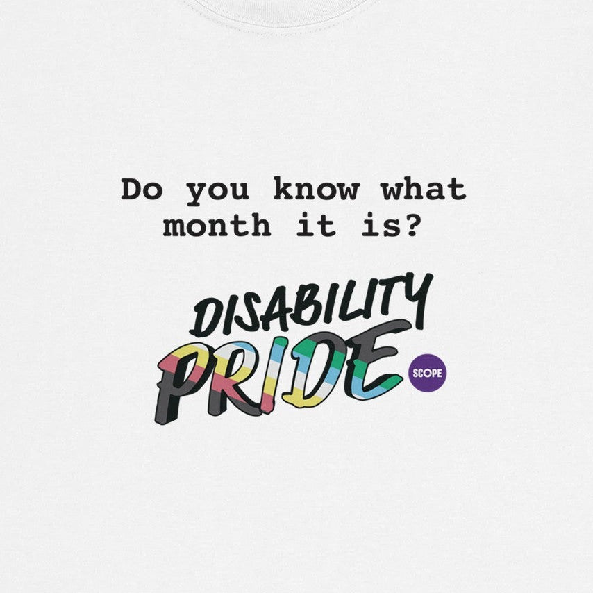 Close-up of black text on a white t-shirt that reads Do you know what month it is? Disability Pride. The word Pride is filled in with the striped colours of the disability pride flag. A small Scope logo sits beside it like a full stop.