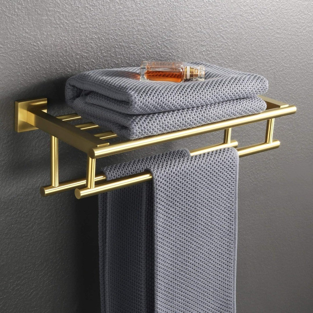 Towel Rail - Gold - Wall Mounted Bathroom Shelf - 16 Inch Rack - Stain