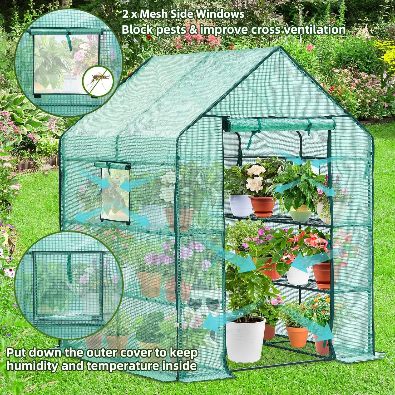 Walk-In Greenhouse with Shelves & Mesh Cover
