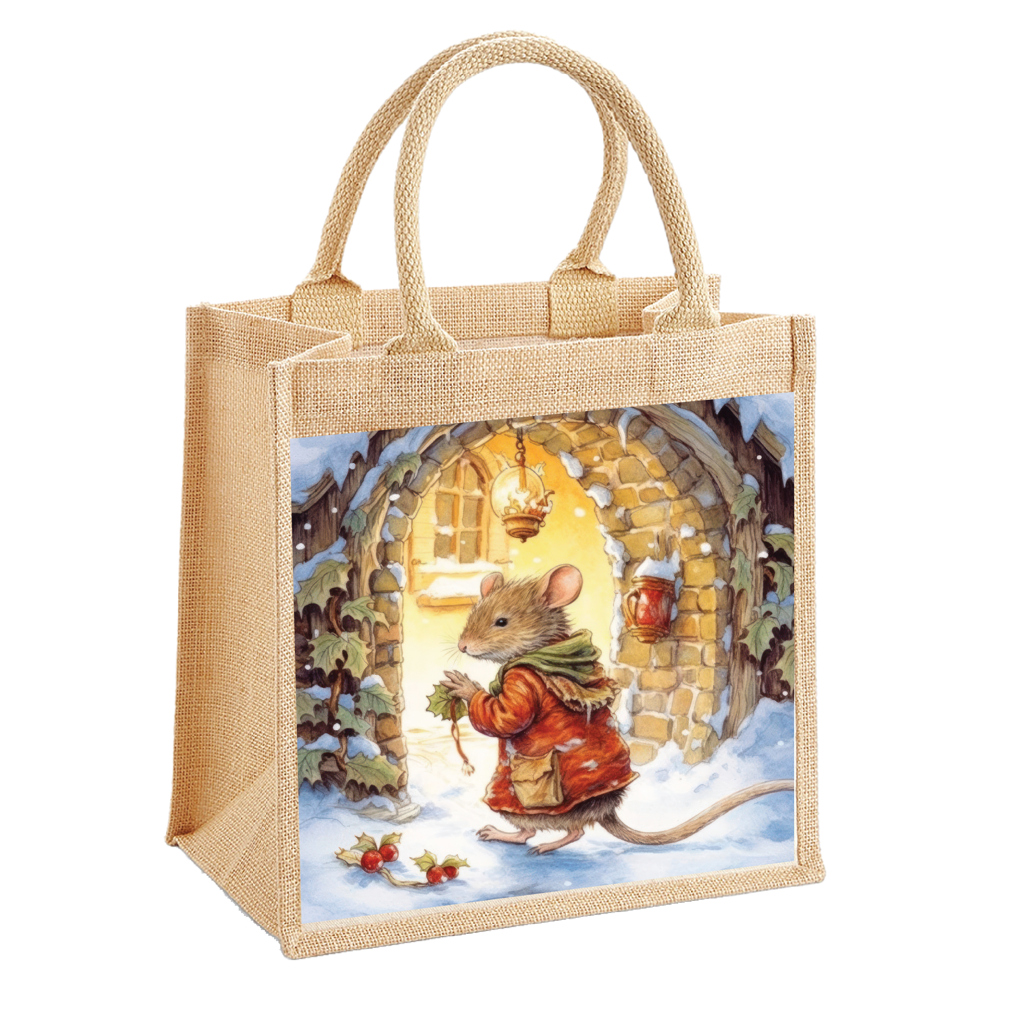 Victorian Christmas Mouse Jute Shopping Bag