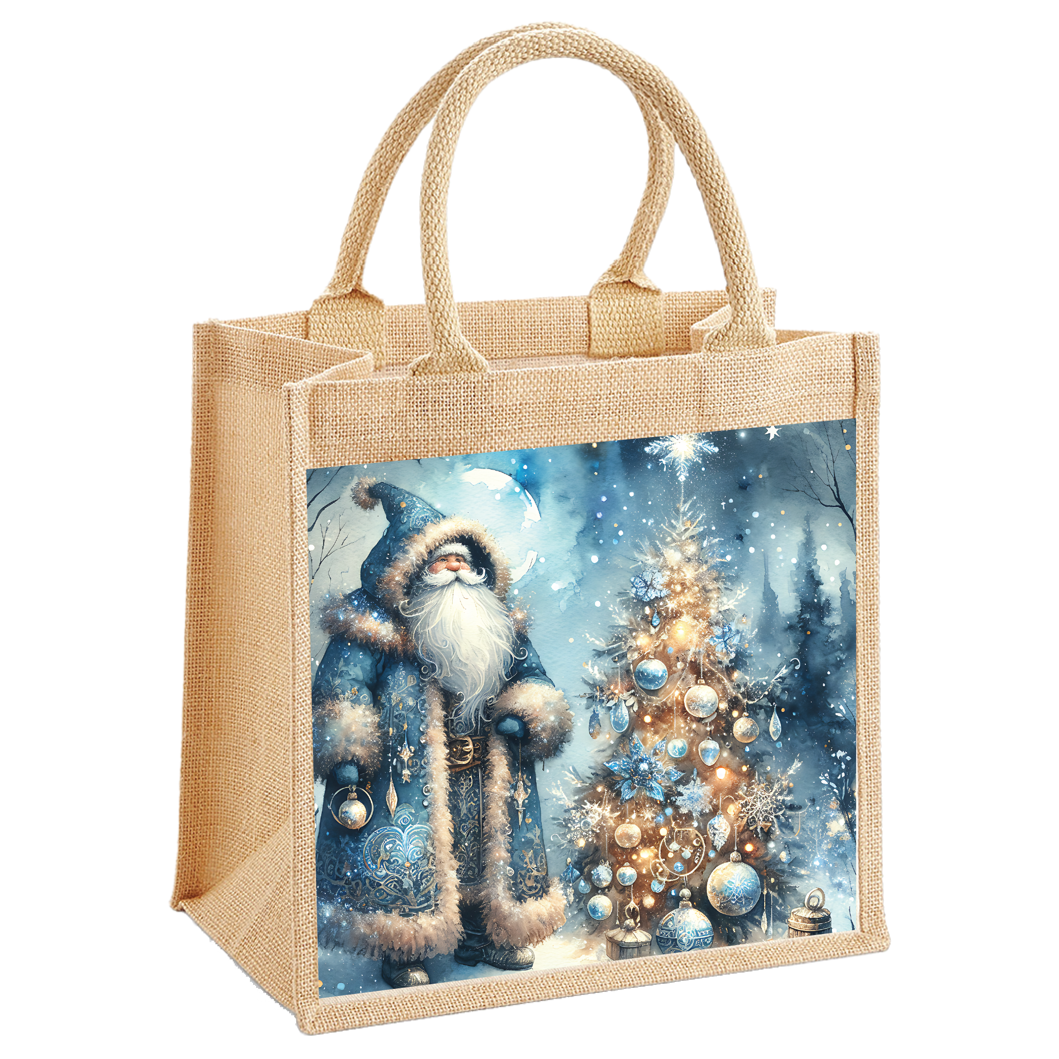 Nordic Santa and Blue Christmas Tree Jute Shopping Bag