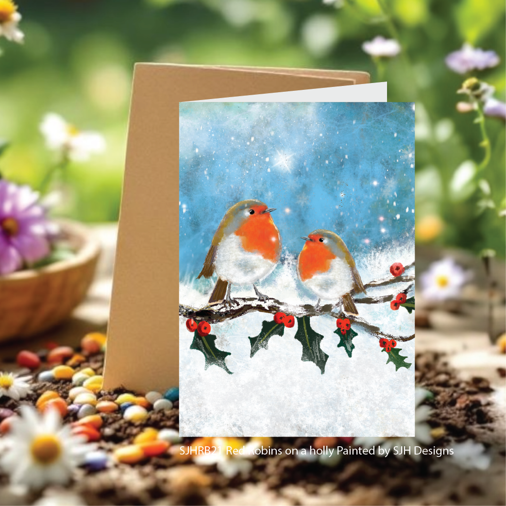 Red Robins on a Holly Branch Seed Cards