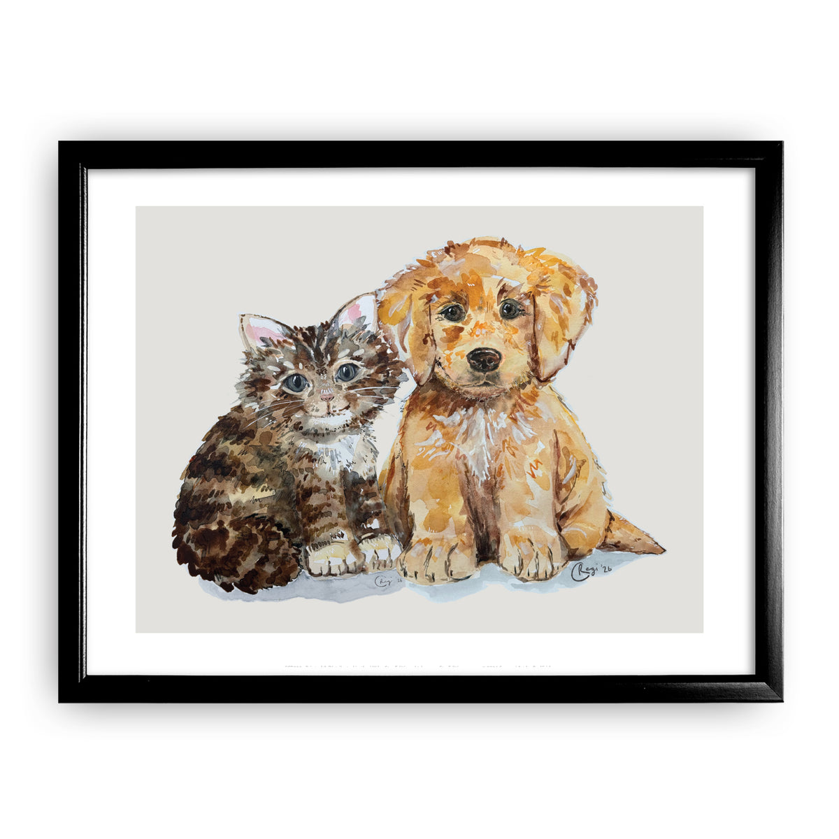 Furry Friends by Badibidu | Charity Cat & Dog Art Print (Framed Black)