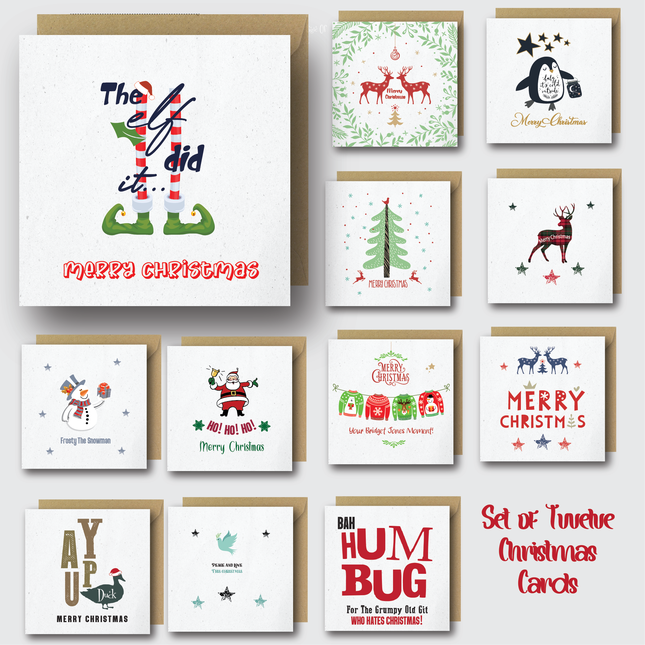 Illustrated Mix of 12 Christmas Cards by SJH Designs