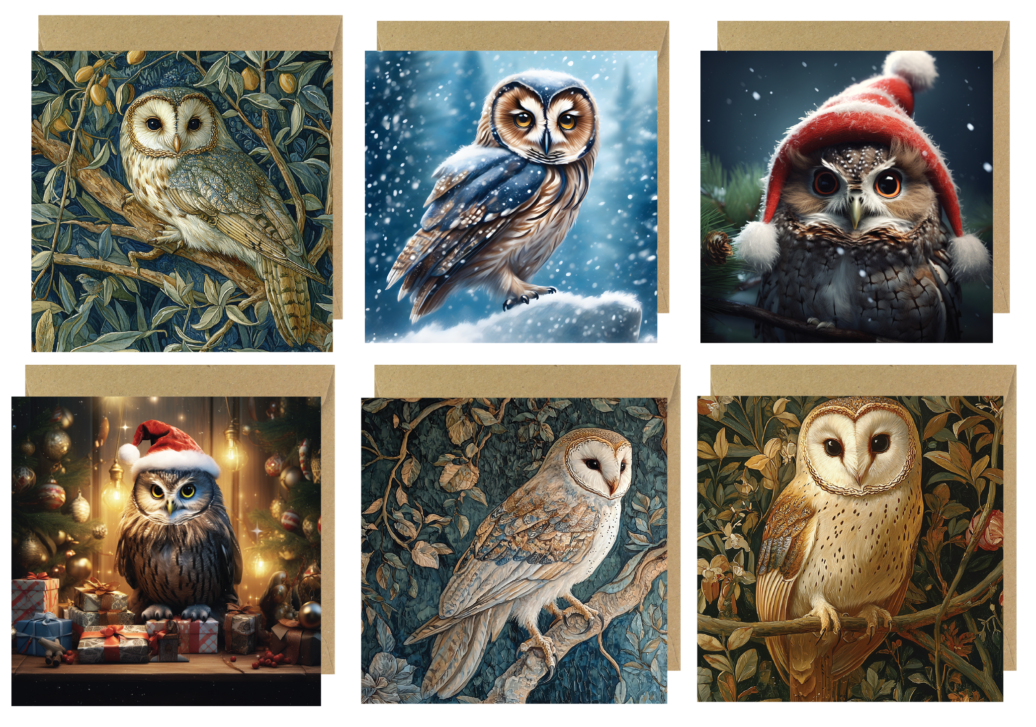 Set of 6 Victorian Owl Christmas Cards