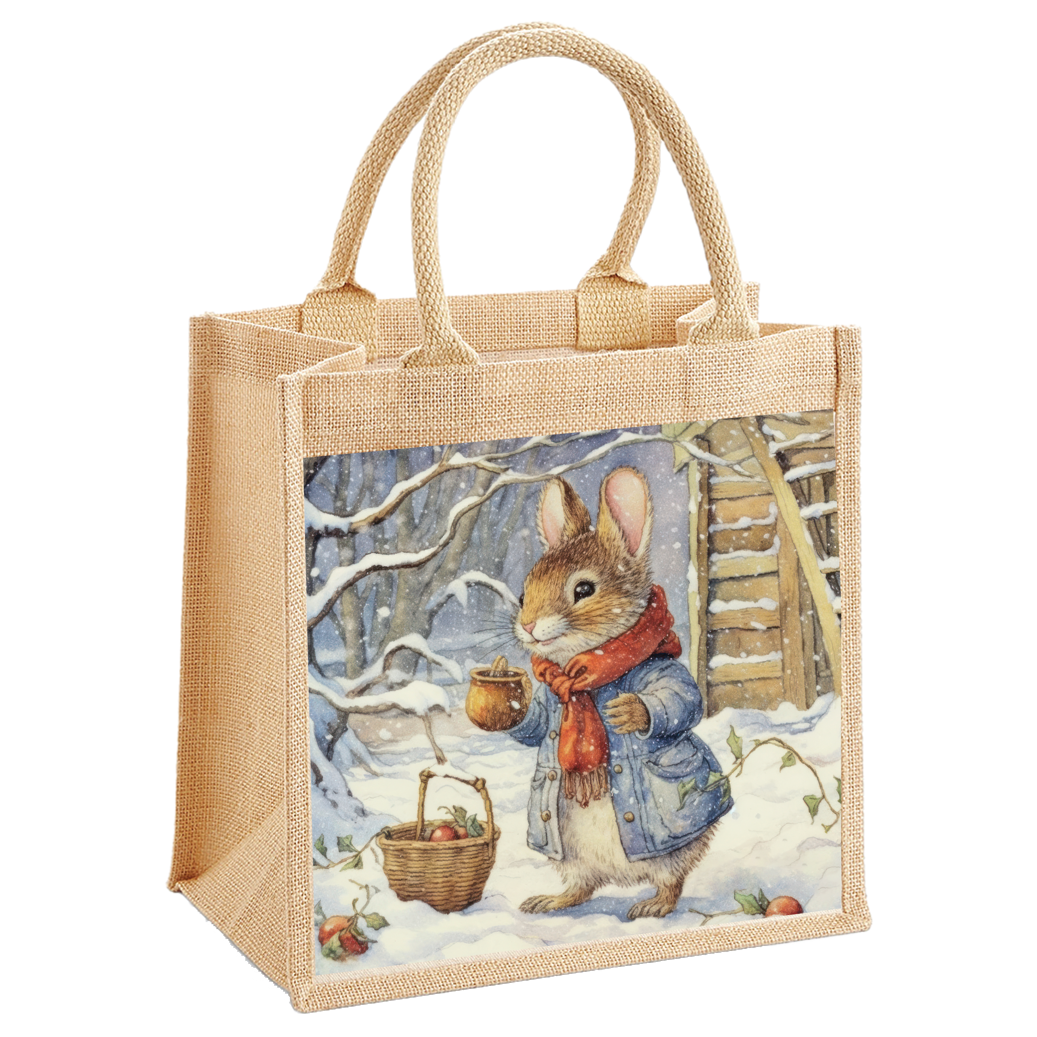 Nordic Santa and Blue Christmas Tree Victorian Squirrel Jute Shopping Bag