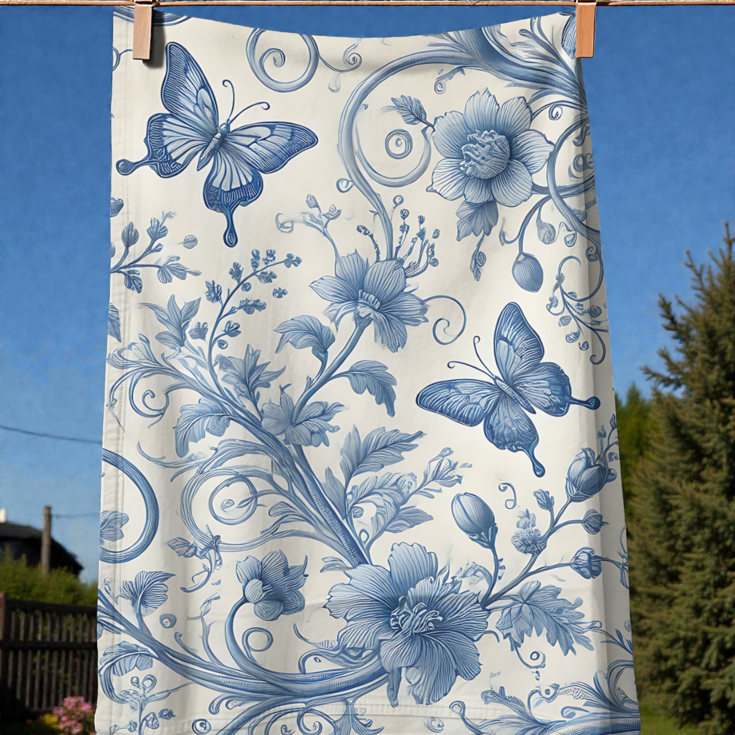 Victorian Style Blue Butterflies Tea Towel