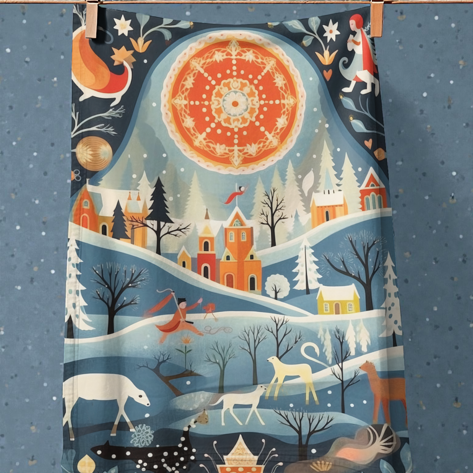 Nordic Christmas Scene white stags and Scandinavian buildings Tea Towel