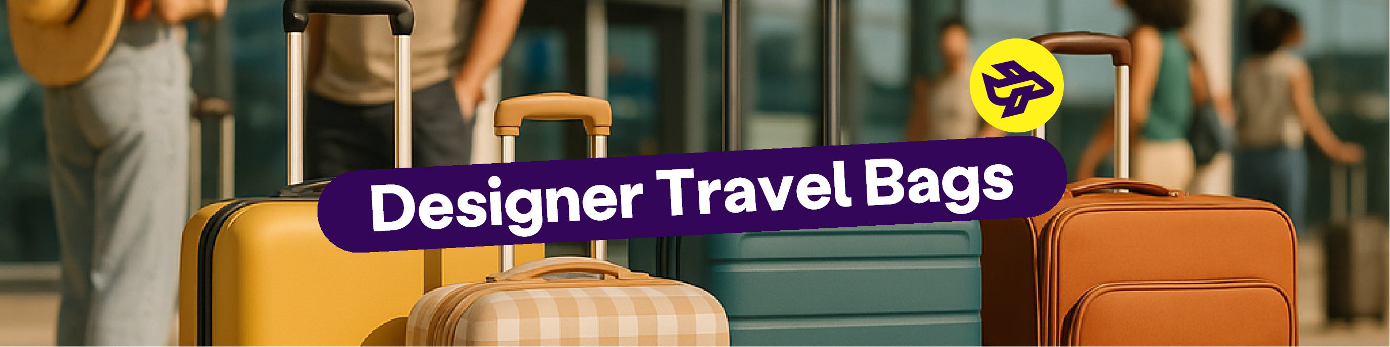 A banner featuring an image of 4 colourful patterned suitcases outside an airport. There is a purple bubble with text which reads: Designer Travel Bags. There is also a yellow airplane emote.