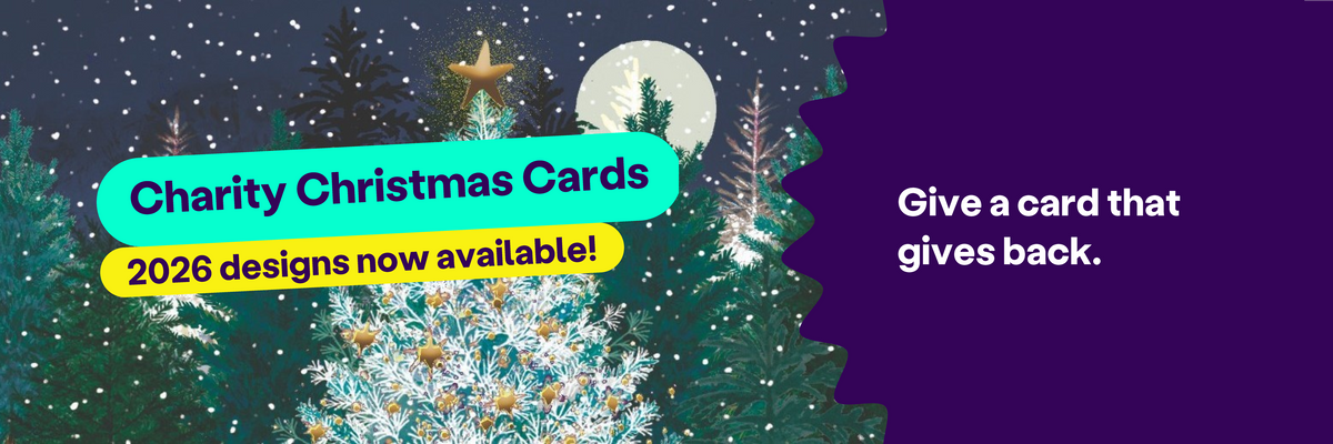 A banner which says 'Charity Christmas Cards. 2026 designs now available. Give a card that gives back"
