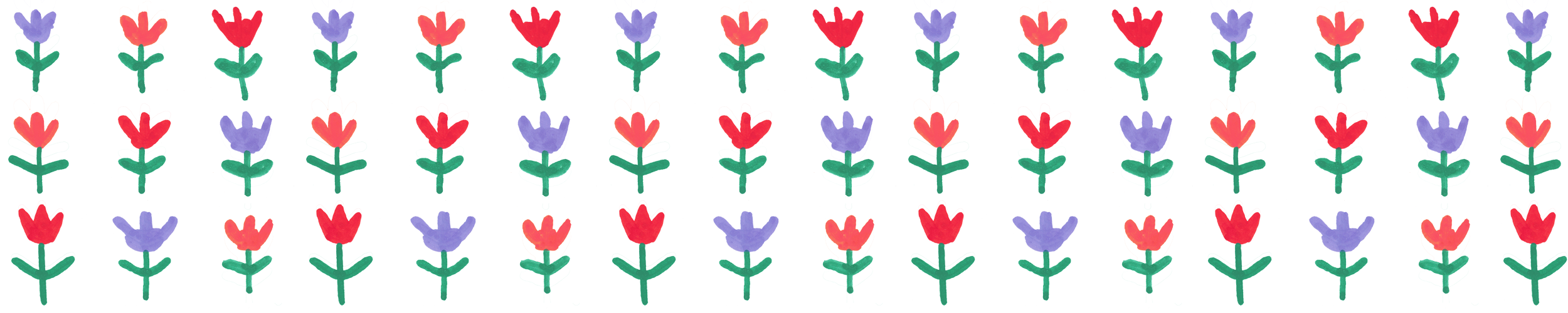 A white banner with a pattern of painted red, pink and purple flowers with green stems.