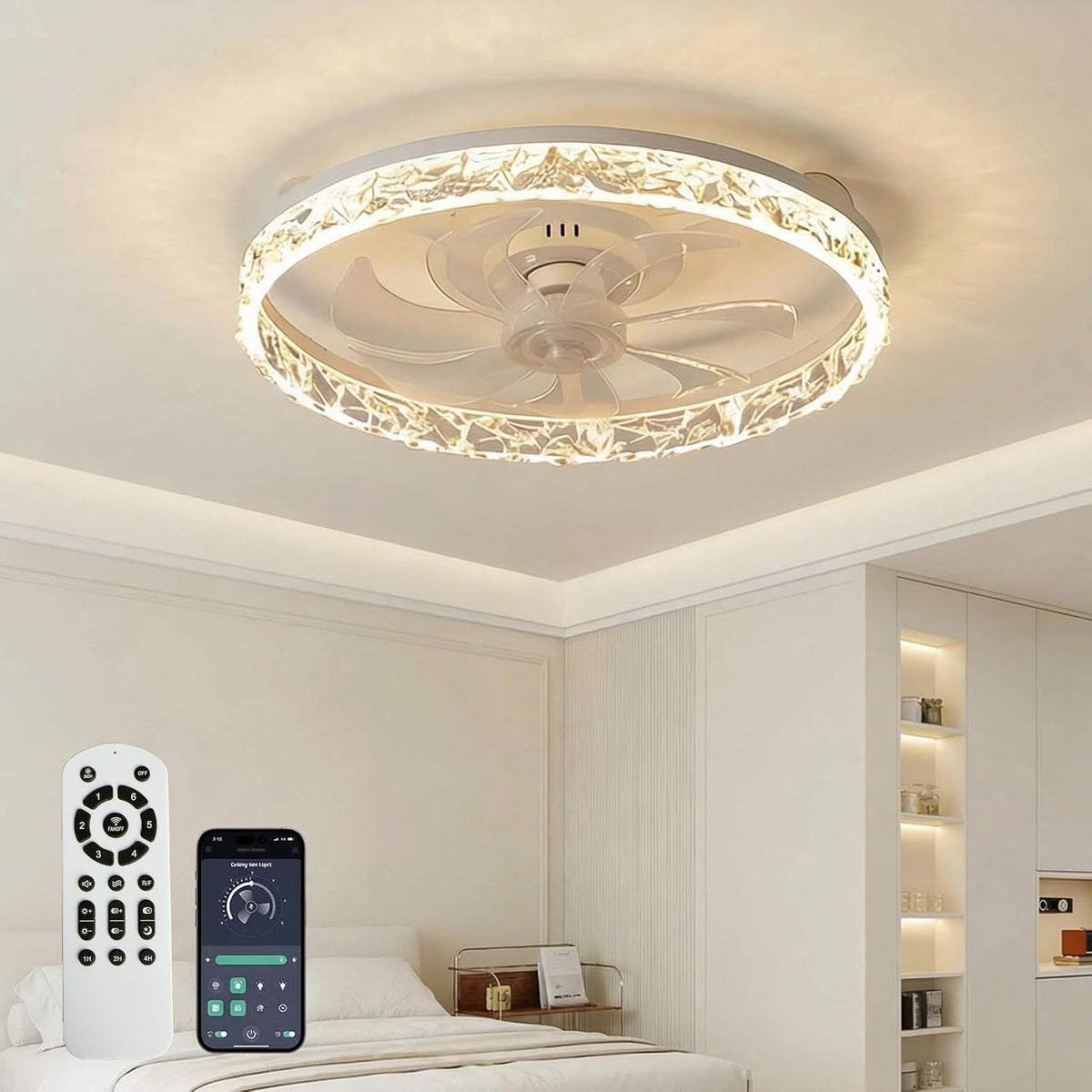 White Ceiling Fan with Light with Remote, 50cm Ceiling Fan Light