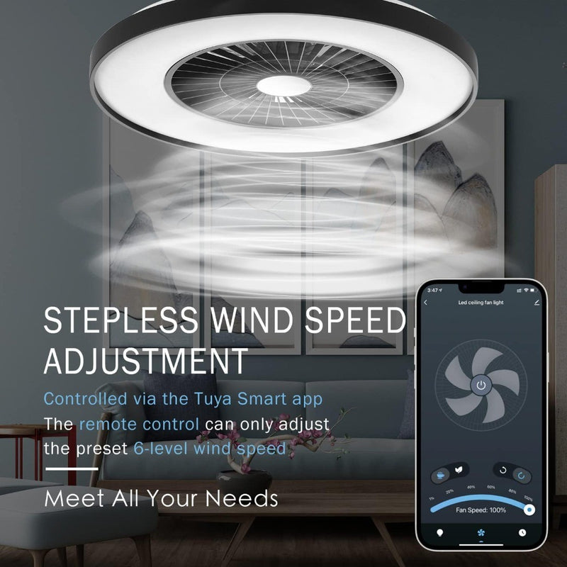 Smart LED Ceiling Light with Fan Stepless&Wind Speed Adjustment Black Frame BKZO