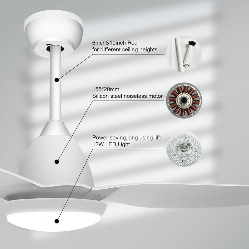 Ceiling Fan with Lighting and Remote Control, Lamp with Fan Flat 52 Inches