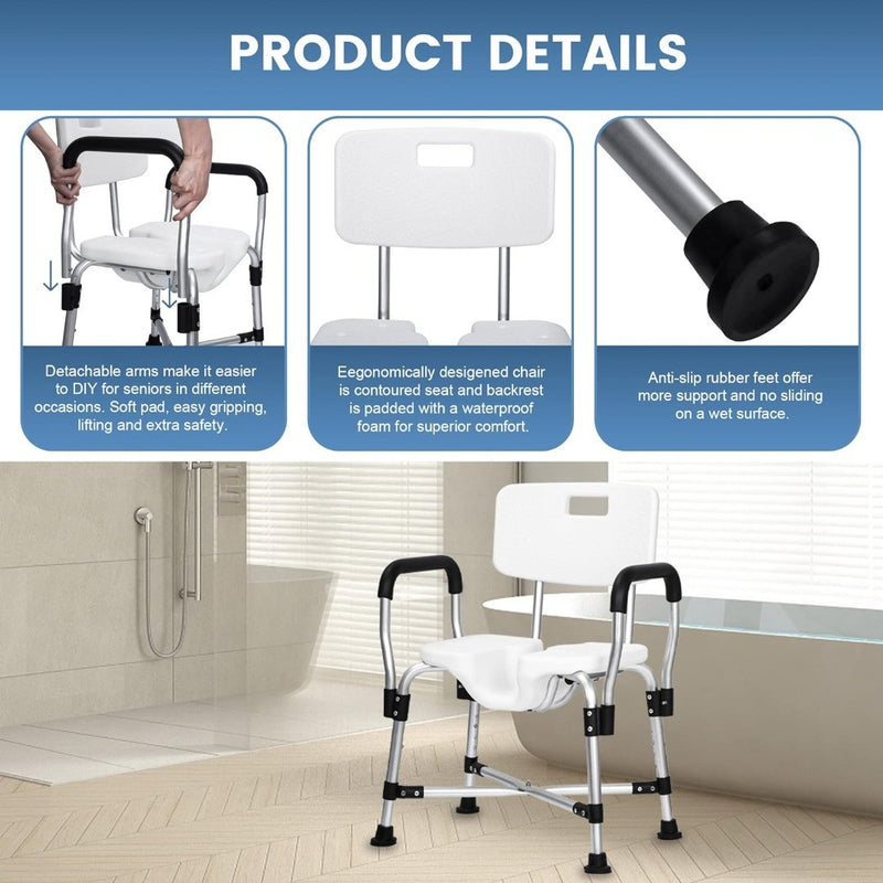 Shower Chair Back Removable Armrest 330 lbs U-Shaped Shower Seat Non-Slip Bath