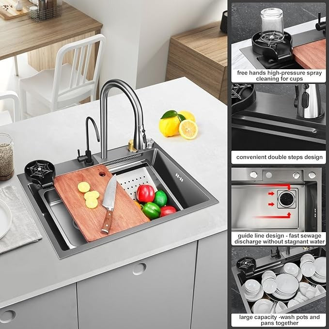 Kitchen Sink, New Nano Kitchen Sink 304 Stainless Steel Grey Waterfall Sink