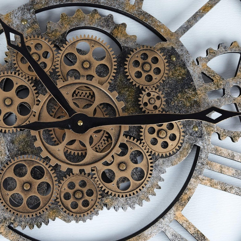 Wooden Wall Clock with Moving Gears 23" Distressed Bronze Vintage   LAFOCUSE