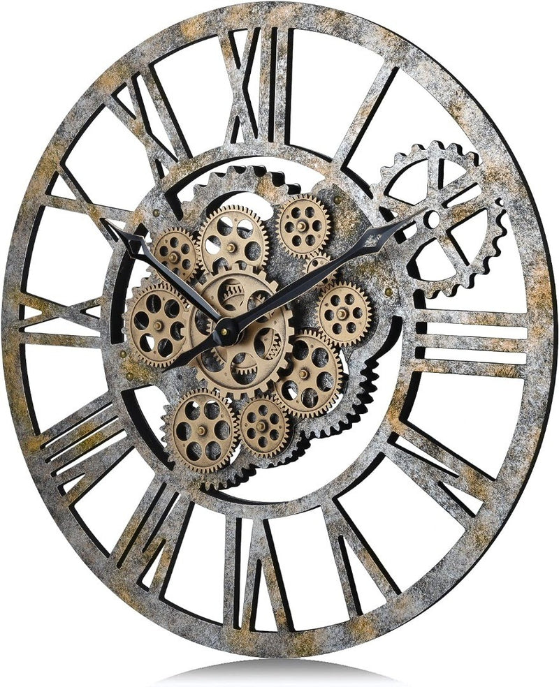 Wooden Wall Clock with Moving Gears 23" Distressed Bronze Vintage   LAFOCUSE