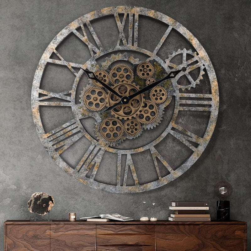 Wooden Wall Clock with Moving Gears 23" Distressed Bronze Vintage   LAFOCUSE