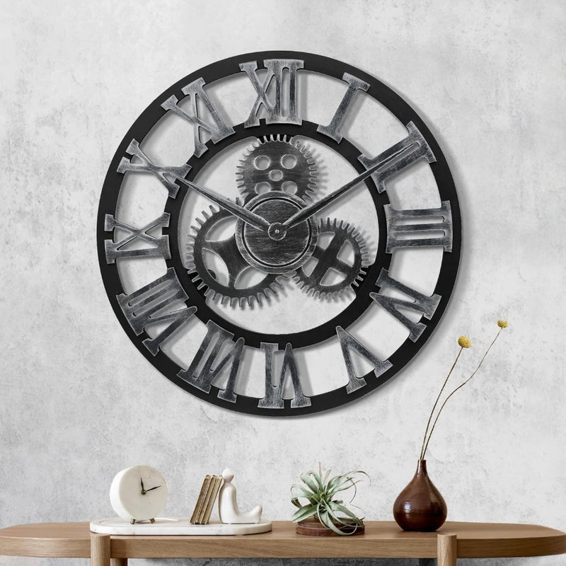 Lafocuse 23 Inch Wooden Gears Wall Clock Silver