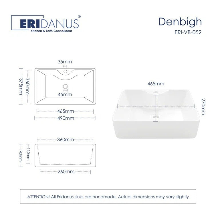 Rectangular Vessel Bathroom Sink 19" W