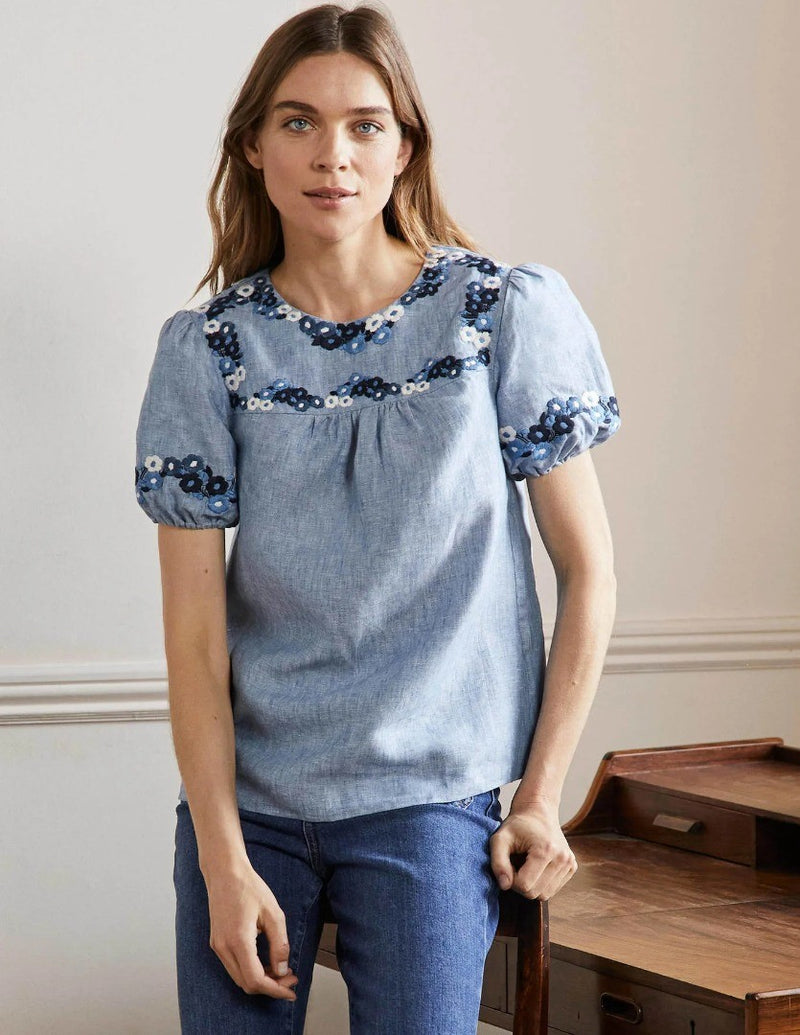 BODEN Embroidered Linen Top UK Size 12