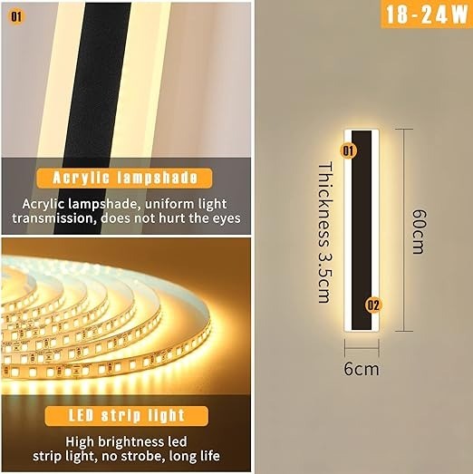 60CM Outdoor Modern Wall Light, 22W Long Acrylic Wall Light IP65 Rainproof 3000K