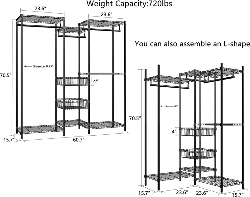 Clothing Rail Adjustable Shelves and Storage Baskets  FTEYUET