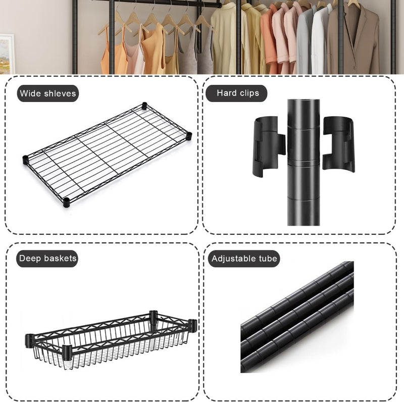 Clothing Rail Adjustable Shelves and Storage Baskets  FTEYUET