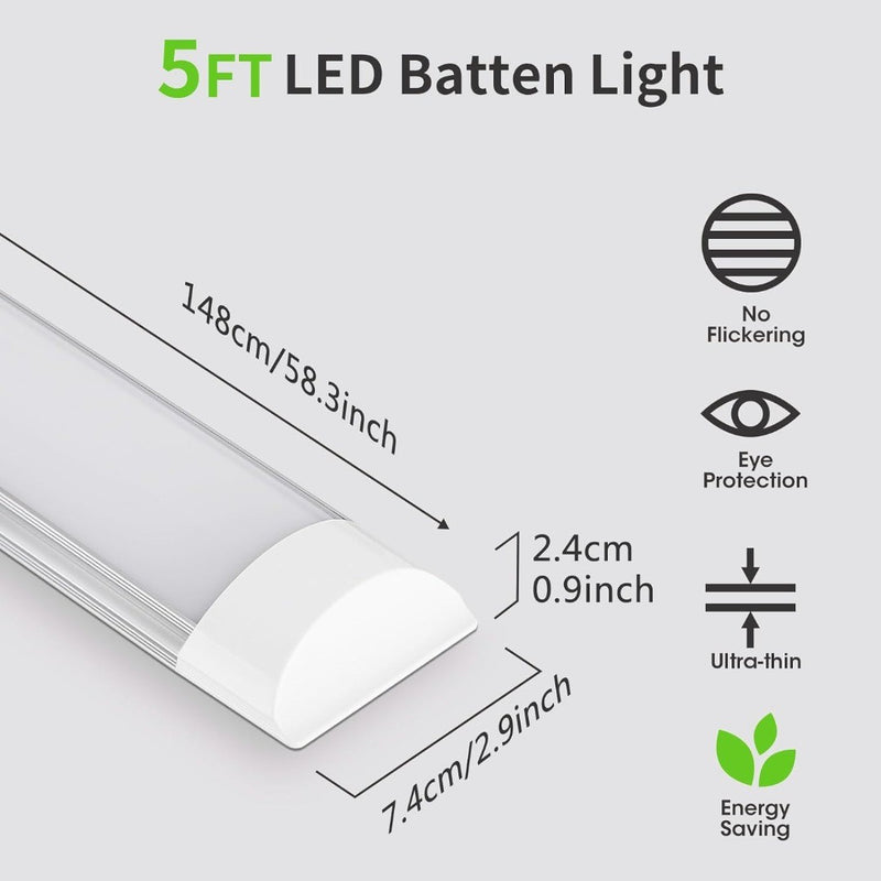 2 Pack 5FT LED Batten Lights 50W Slim