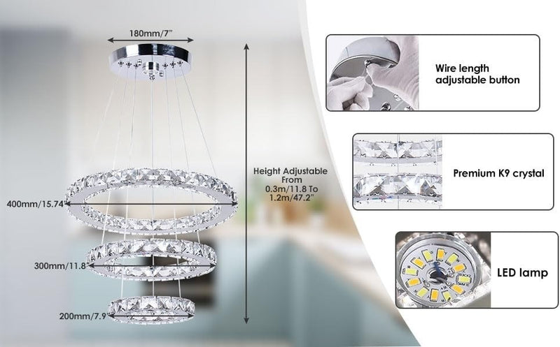 LED Chandelier Fixture 3 Rings ‎45 x 45 x 12 cm