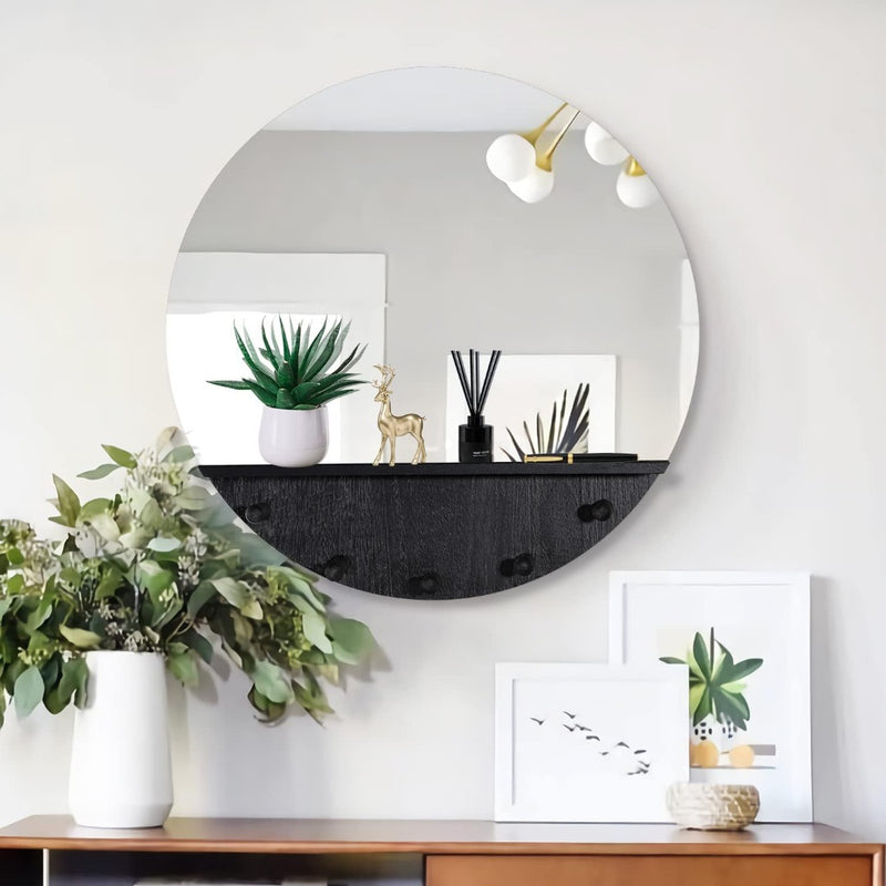 50cm Round Mirror, Wooden Mirror Circle Hanging Wall Mirror, Shelf and Hooks