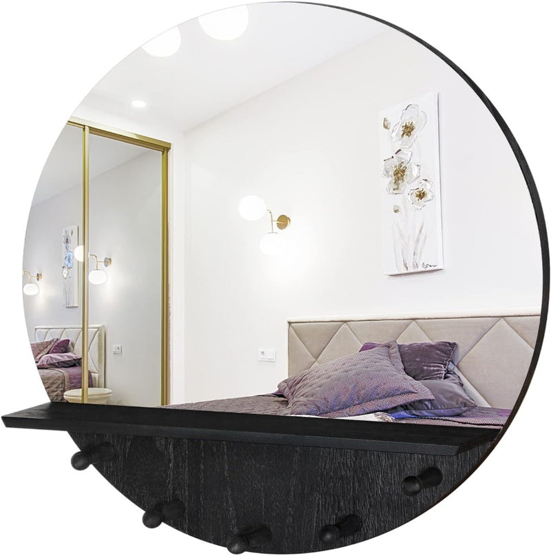 50cm Round Mirror, Wooden Mirror Circle Hanging Wall Mirror, Shelf and Hooks