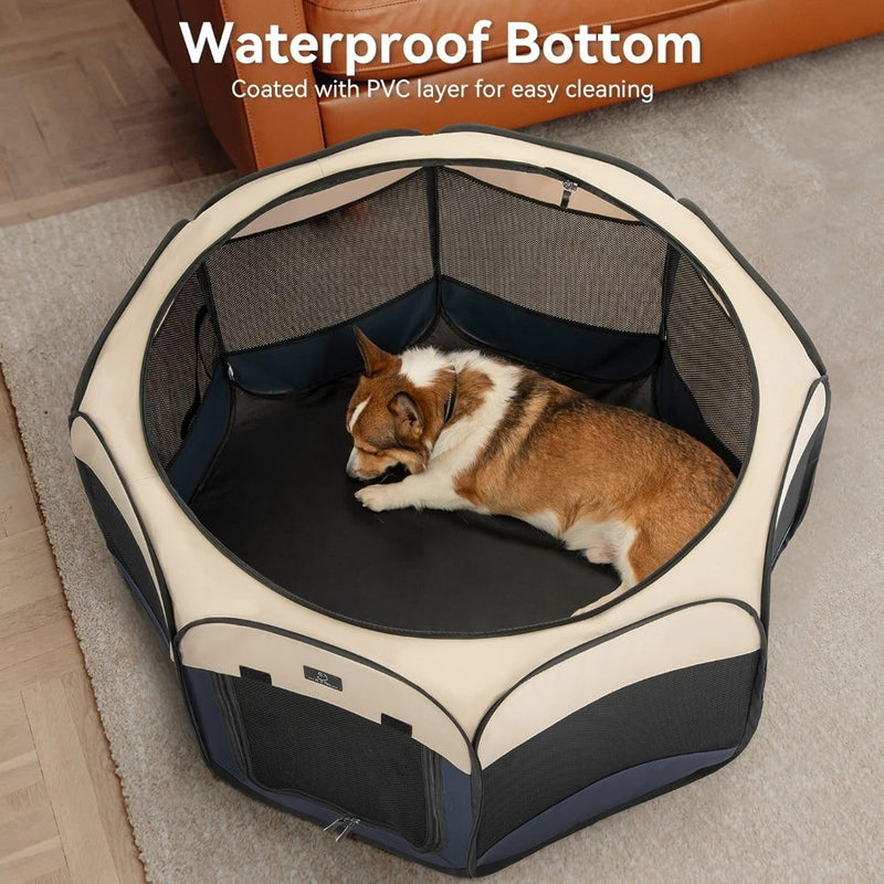 A 4 Pet Dog Playpen for Small Dogs, Portable Pet Playpenwith Bowl, Blue