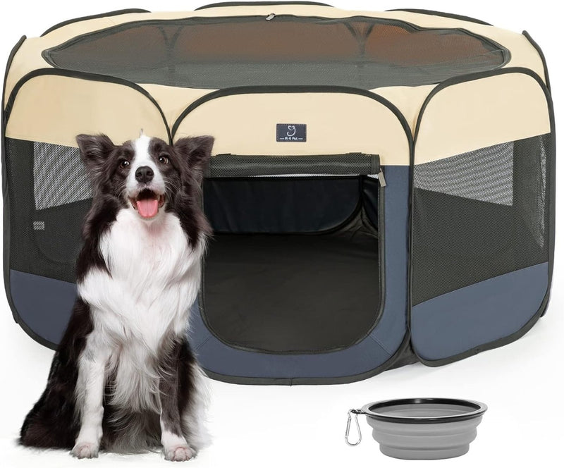 A 4 Pet Dog Playpen for Small Dogs, Portable Pet Playpenwith Bowl, Blue