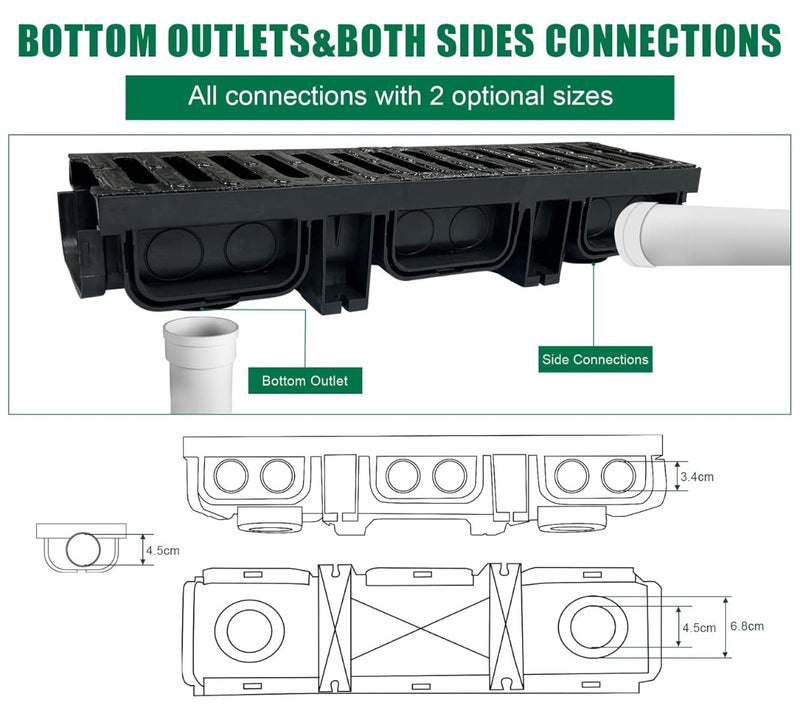 Channel Drain with Cast Iron Grating 2 Pack