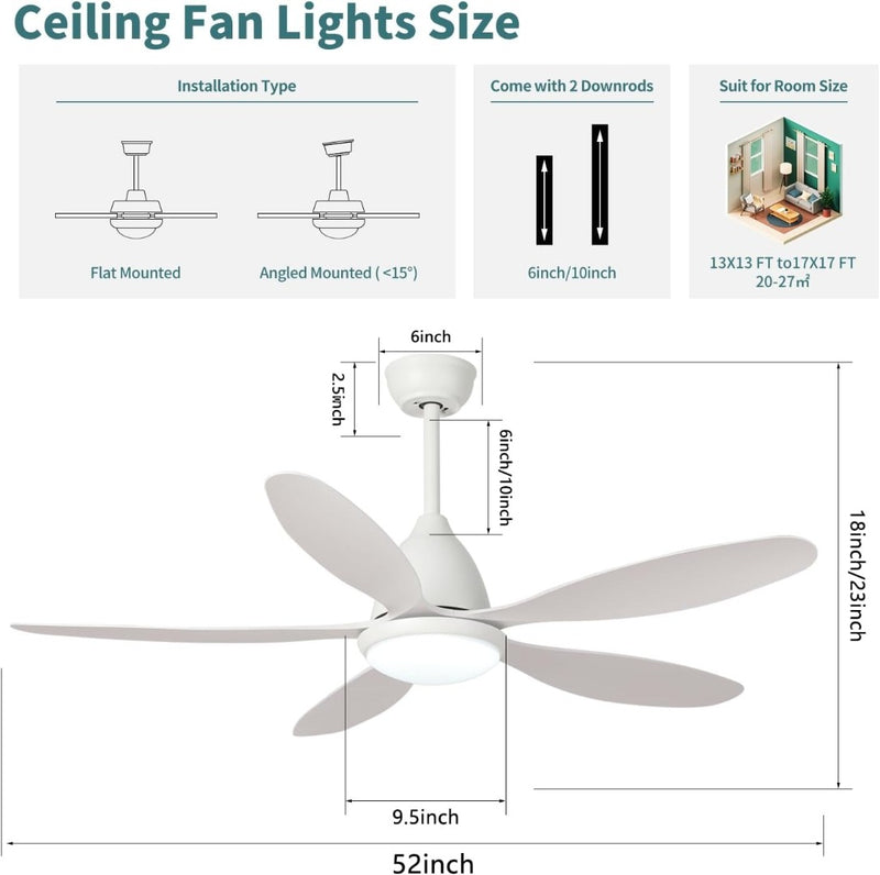 Ceiling Fan with Light, 52'' Ceiling Fans with Lights and Remote Control, White