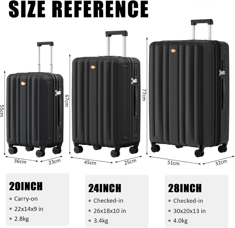 20" Carry On Suitcase 4 Wheels Hard Shell Luggage Hard Black