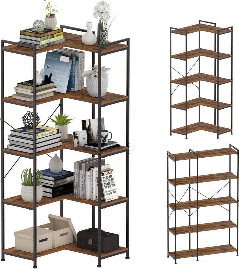 Vedacasa Corner Bookshelf 5 Tiers Deformable Bookcase Industrial