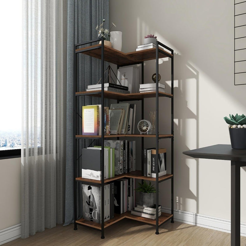 Vedacasa Corner Bookshelf 5 Tiers Deformable Bookcase Industrial