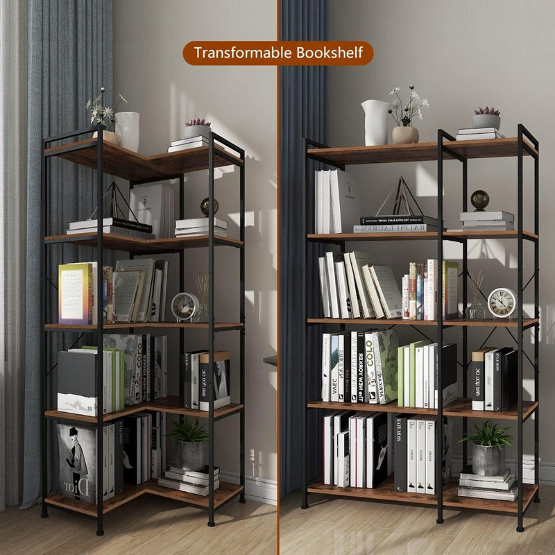 Vedacasa Corner Bookshelf 5 Tiers Deformable Bookcase Industrial