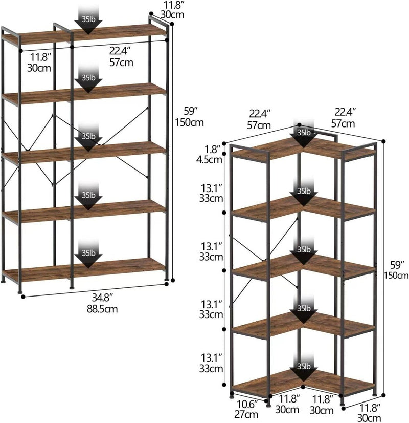 Vedacasa Corner Bookshelf 5 Tiers Deformable Bookcase Industrial