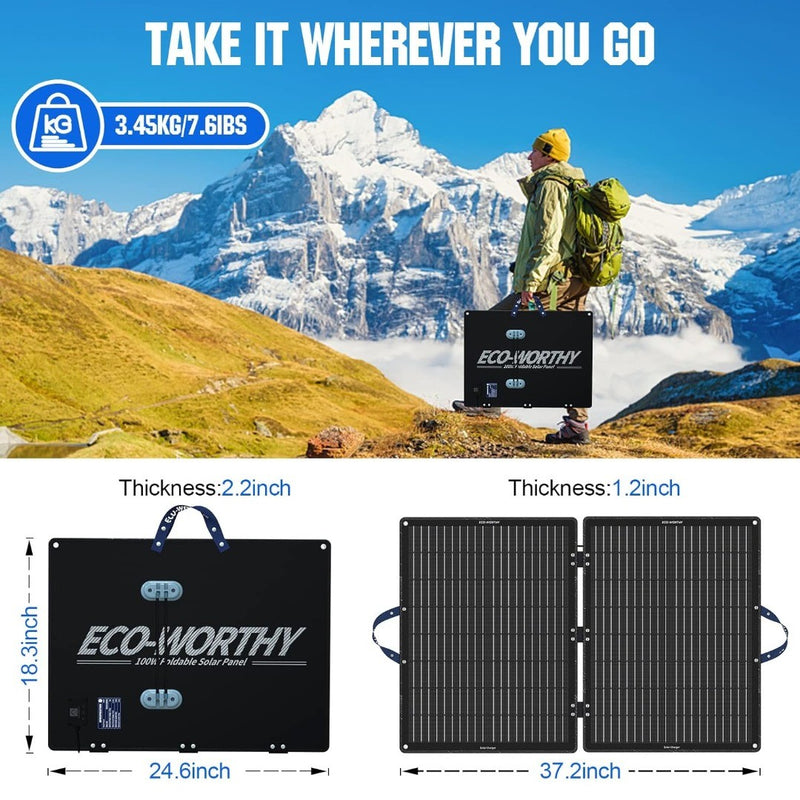 ECO-WORTHY 12V 100W Portable Solar Panel Foldable Mono Panel