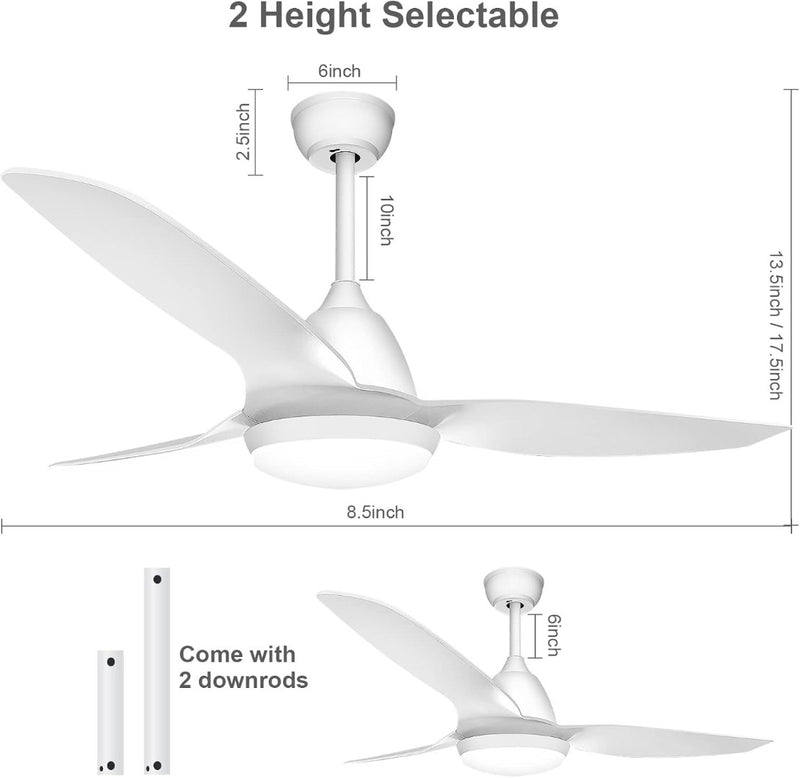 52" Ceiling Fan with LED Light 6 Speeds Remote Control White GLITI