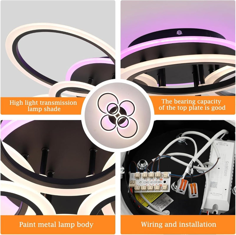 LED Ceiling Lights Modern Black 6 Rings 80W 3000-6500k