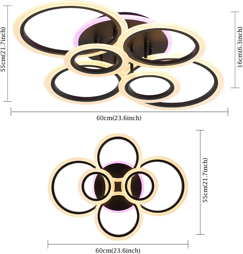 LED Ceiling Lights Modern Black 6 Rings 80W 3000-6500k