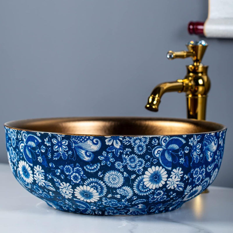 Porcelain Countertop Sink 41x15cm High Temperature Fire Handmade Blue White Gold