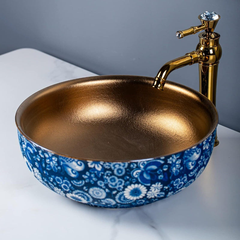 Porcelain Countertop Sink 41x15cm High Temperature Fire Handmade Blue White Gold