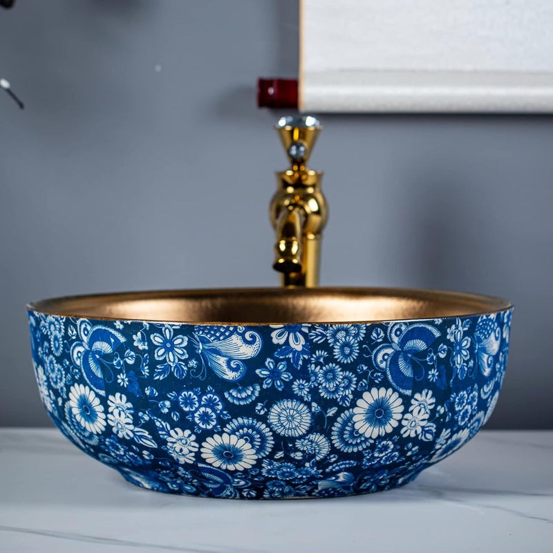 Porcelain Countertop Sink 41x15cm High Temperature Fire Handmade Blue White Gold